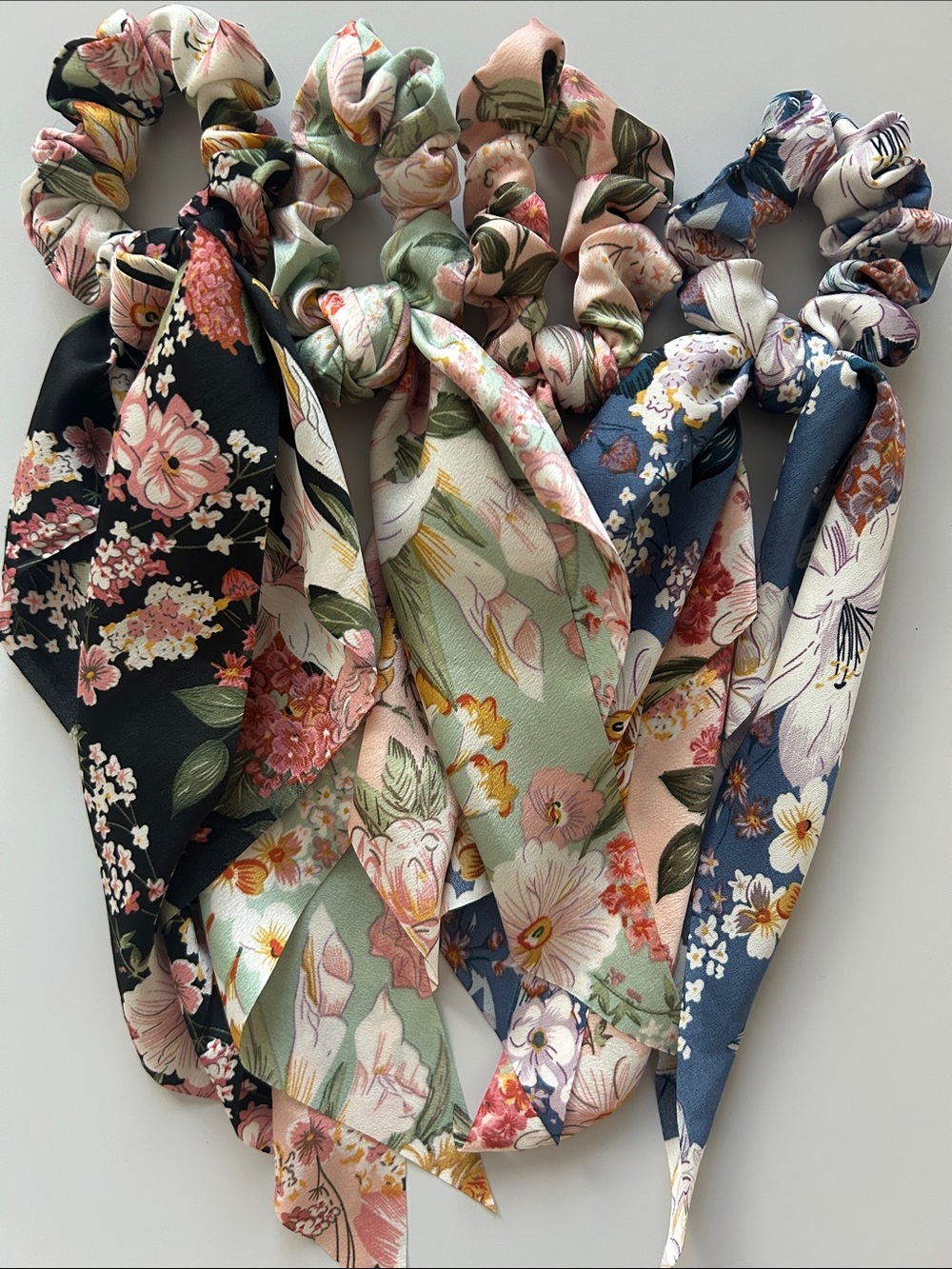 Set of 4 Floral Print Scarf Scrunchie Hair Ties - Pink, Blue, Black, Green